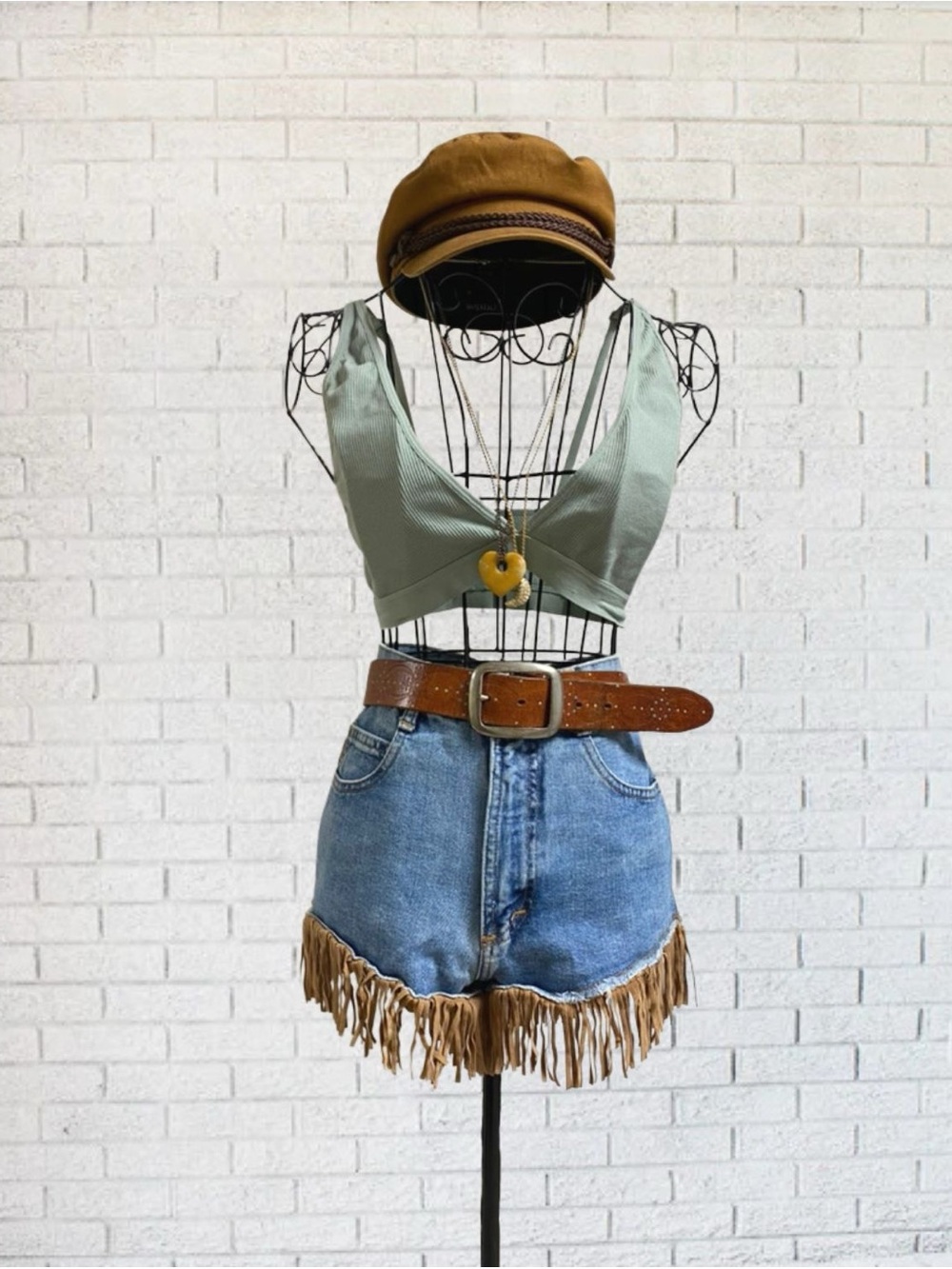 Green Ribbed Crop Top Shirt Boho Bohemian Hippie V-Neck Summer Large Turquoise